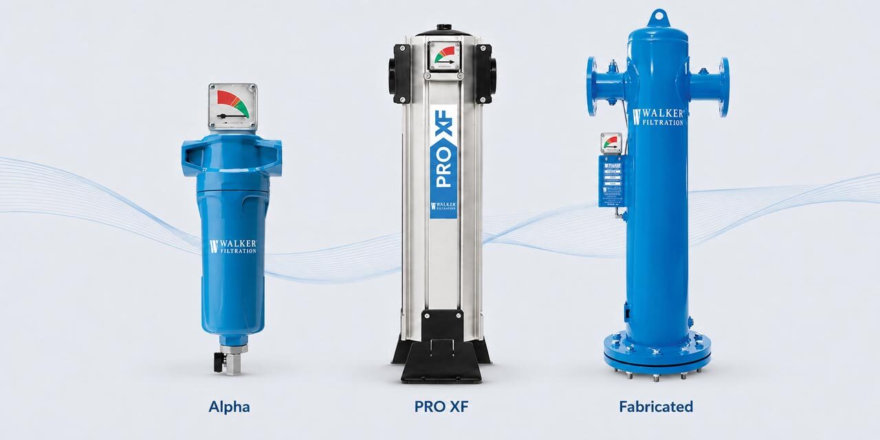 Choose the correct Walker Filtration compressed air filter housing. Walker Filtration compressed air filter housing lineup. Alpha, ProXF, and Fabricated filter housings.
